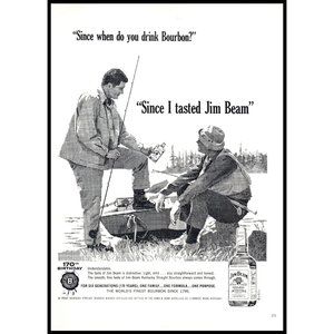 1965 Jim Beam Bourbon Vintage Print Ad Men Fishing Rowboat Lake Wall Art Photo